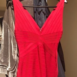 Herve Leger V-neck, classic red bandage dress